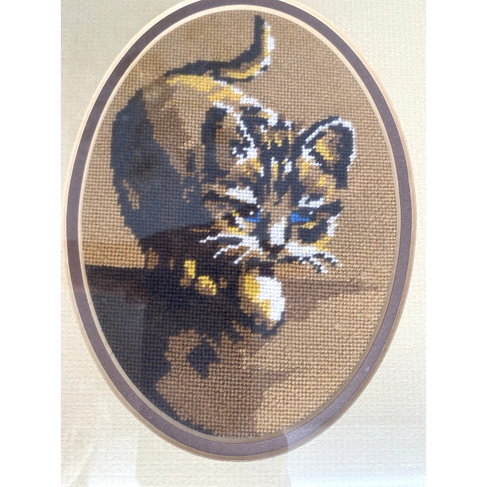 Vintage Needlepoint Kitten Framed Wall Art Matted 11" x 9"